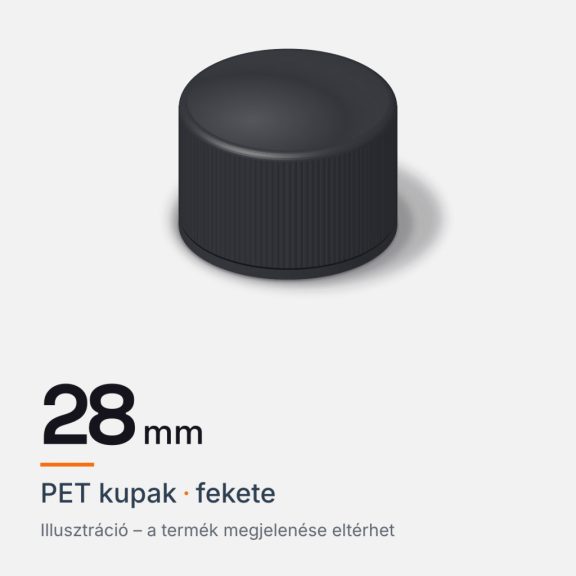 PET kupak 28 mm, fekete, méretjelölés. Illusztráció, a termék megjelenése eltérhet. PET kupak 28 mm, fekete, méretjelölés. Illusztráció, a termék megjelenése eltérhet.