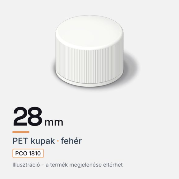 PET kupak 28 mm (PCO 1810), fehér, méretjelölés. Illusztráció, a termék megjelenése eltérhet.